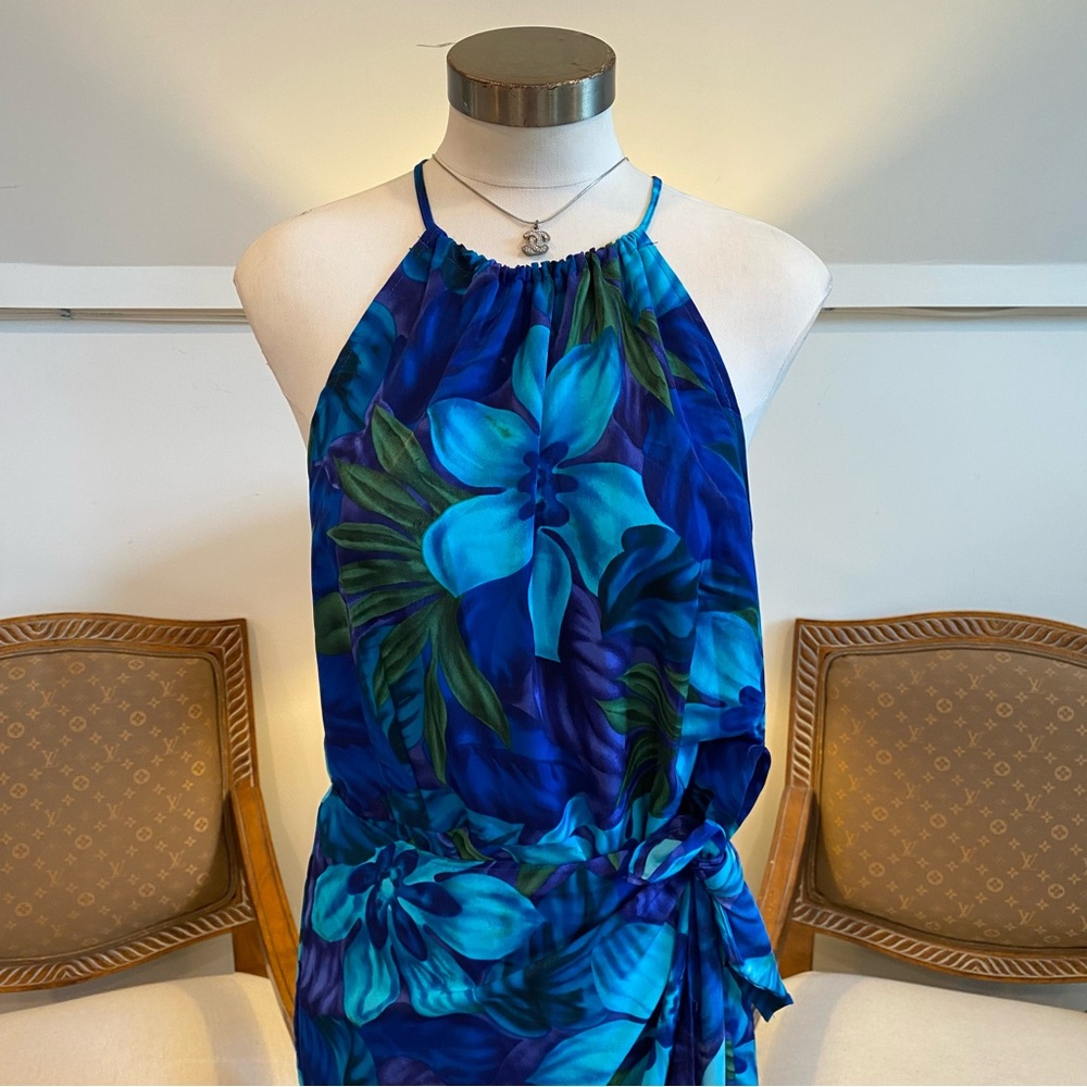 Vintage 90s Y2K Elegant Blue Floral Halter Dress with Front & Back Tie Detail - Picture 2 of 9